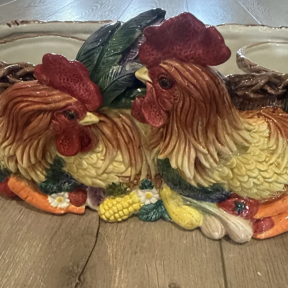 RARE Vintage Fitz and Floyd Coq Du Village‎ Rooster 2 Herb Pots and Tray Planter